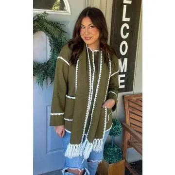 Angashion Womens Oversized Embroidered Scarf Woolen Coat Jacket Long Sleeve Button Down Outerwear With Two Pockets Army Green Medium