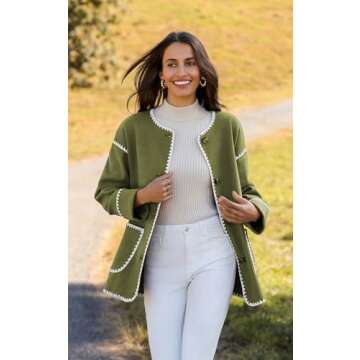 Angashion Womens Oversized Embroidered Scarf Woolen Coat Jacket Long Sleeve Button Down Outerwear With Two Pockets Army Green Medium