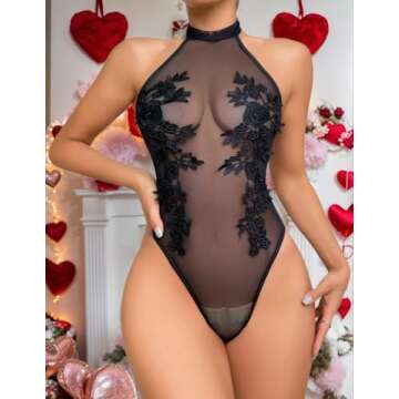 Girece Women Teddy Lingerie Sexy Snap Crotch Bodysuit Halter Mesh Lingerie Top Emboroidered One Piece Babydoll (Black,S)