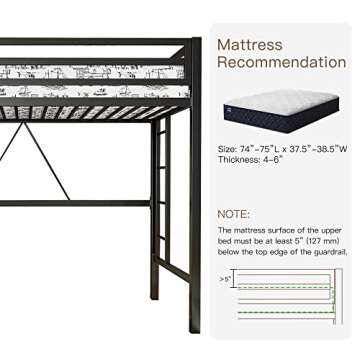 ikalido Metal Loft Bed Twin Size with Safety Guardrail and Ladder, No Box Spring Needed Space Saving Bedroom Furniture, Matte Black