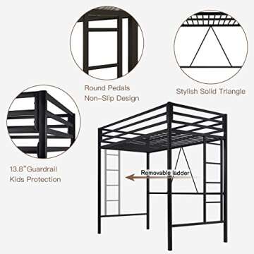 ikalido Metal Loft Bed Twin Size with Safety Guardrail and Ladder, No Box Spring Needed Space Saving Bedroom Furniture, Matte Black