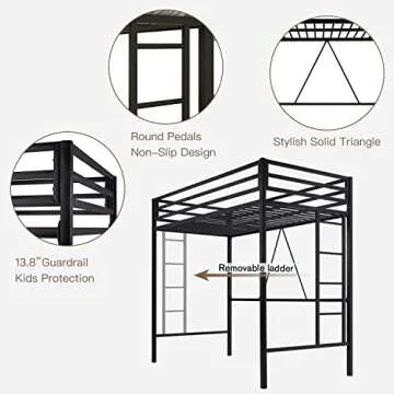 ikalido Metal Loft Bed Twin Size with Safety Guardrail and Ladder, No Box Spring Needed Space Saving Bedroom Furniture, Matte Black