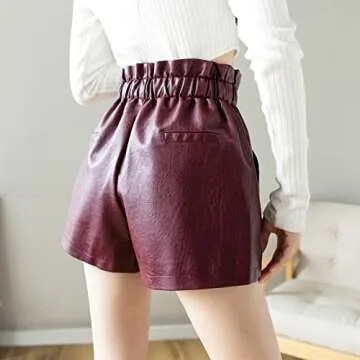 SCHHJZPJ High Waisted Faux Leather Shorts for Women (Wine Red, Medium)…