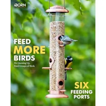 iBorn Metal Bird Feeders Brushed Copper Wild Bird Feeder for Outdoors Hanging All Metal Brushed Copper Finishing 14 Inch 6 Port(Seed is not Included)