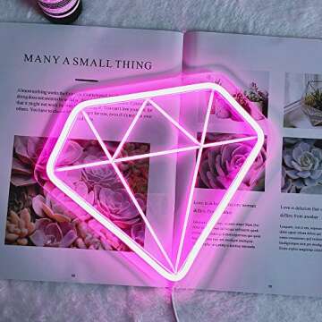 DIVATLA Unique Diamond Neon Sign with 3D Art,Powed by USB Neon Sign. Neon Light Sign with Dimmable Switch. (Pink)
