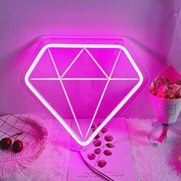 DIVATLA Unique Diamond Neon Sign with 3D Art,Powed by USB Neon Sign. Neon Light Sign with Dimmable Switch. (Pink)