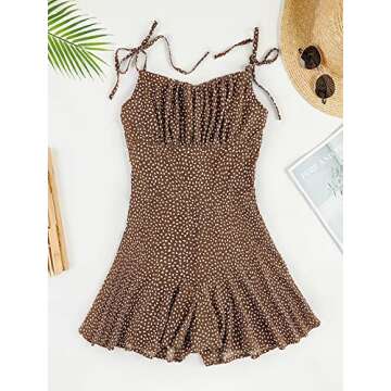 Jeanewpole1 Womens Spaghetti Strap Print Jumpsuit Smocked Wide Leg Short Romper