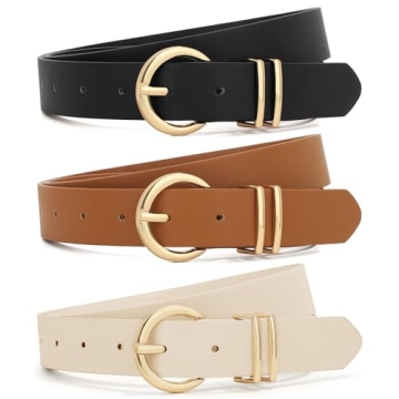 XZQTIVE Women's Leather Belts 3 Pack - Elegant Gold Buckle & Versatile Styles
