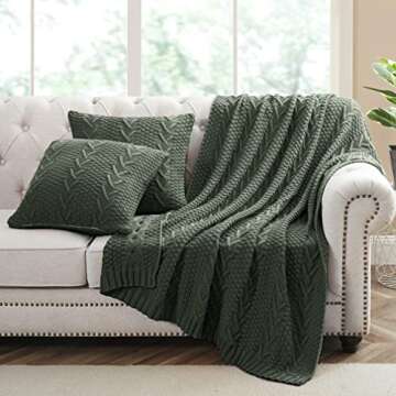 Aormenzy Knitted Throw Blanket (50" x 60") and 2 Pillow Covers (18" x 18"), 3 Piece Grayish Green Throw Blanket Set, Decorative Throw Blankets for Couch Sofa Bed Living Room