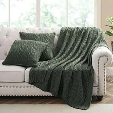 Aormenzy Knitted Throw Blanket (50" x 60") and 2 Pillow Covers (18" x 18"), 3 Piece Grayish Green Throw Blanket Set, Decorative Throw Blankets for Couch Sofa Bed Living Room