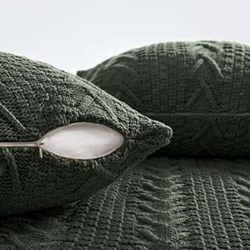 Aormenzy Knitted Throw Blanket (50" x 60") and 2 Pillow Covers (18" x 18"), 3 Piece Grayish Green Throw Blanket Set, Decorative Throw Blankets for Couch Sofa Bed Living Room