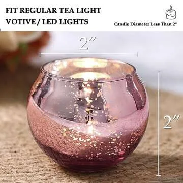 Volens Round Rose Gold Votive Candle Holders, Mercury Glass Tealight Candle Holder Set of 12