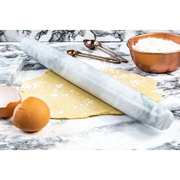 Marble French Rolling Pin for Baking Pizza Dough, Pie & Cookie With Stand - Nonstick Essential Kitchen utensil tools gift ideas for bakers 16" inch Pins (White Marble)