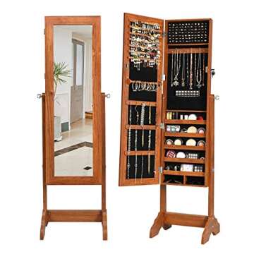 King77777 Elegant Luxury Lockable Jewelry Cabinet Armoire Standing Jewelry Holder Organizer with Mirror Functional Portable Furniture Bedroom Dressing Room