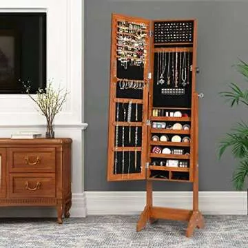 King77777 Elegant Luxury Lockable Jewelry Cabinet Armoire Standing Jewelry Holder Organizer with Mirror Functional Portable Furniture Bedroom Dressing Room