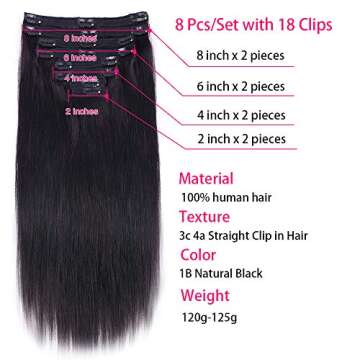 Nvnvdij Straight Clip in Hair Extensions Human Hair 8pcs Per Set with 18Clips Double Weft Brazilian Virgin Human Hair Natural Black Color For Women (22 Inch, Straight Hair)