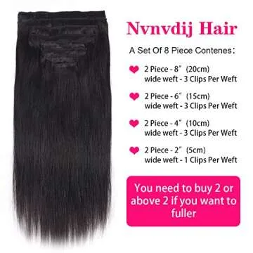 Nvnvdij Straight Clip in Hair Extensions Human Hair 8pcs Per Set with 18Clips Double Weft Brazilian Virgin Human Hair Natural Black Color For Women (22 Inch, Straight Hair)