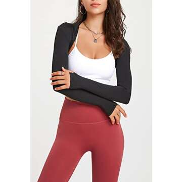 KAMISSY Women Workout Long Sleeve Bolero Shrug Crop Top with Thumb Hole Slim Athletic Open Front Cropped Cardigan Shrug Shirt Black