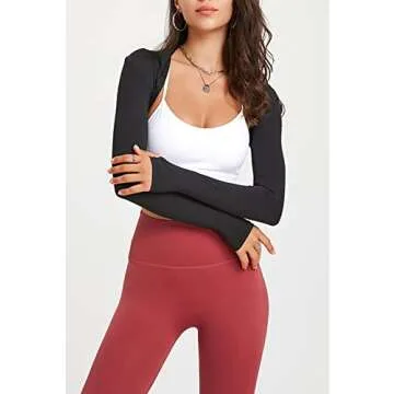 KAMISSY Women Workout Long Sleeve Bolero Shrug Crop Top with Thumb Hole Slim Athletic Open Front Cropped Cardigan Shrug Shirt Black