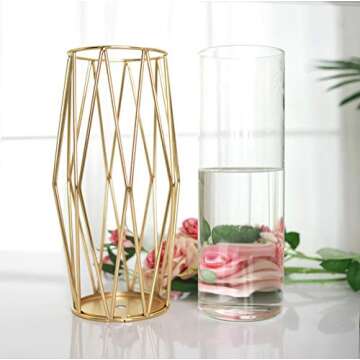 Geometric Glass Vase with Metal Bracket, Transparent Inner Vase, Hand-Plated Geometric Metal Vase, L...