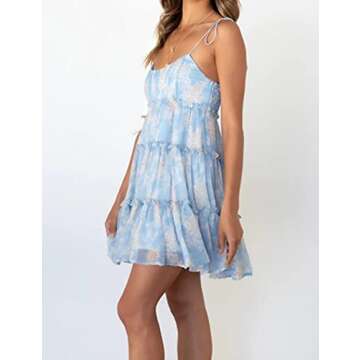 Mansy Womens 2025 Summer Floral Mini Dress Boho Flowy Skater Dresses Short Sleeveless Ruffle Spaghetti Strap Dress Blue Flower