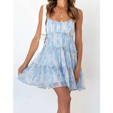 Mansy Womens 2025 Summer Floral Mini Dress Boho Flowy Skater Dresses Short Sleeveless Ruffle Spaghetti Strap Dress Blue Flower