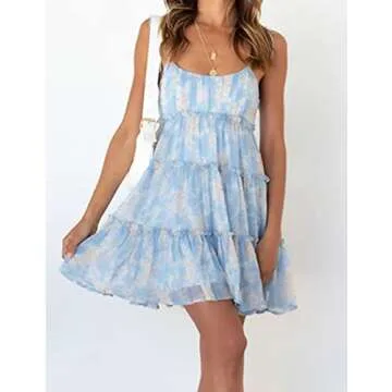 Mansy Womens 2025 Summer Floral Mini Dress Boho Flowy Skater Dresses Short Sleeveless Ruffle Spaghetti Strap Dress Blue Flower