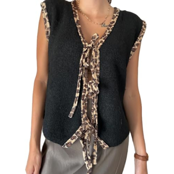 Women Leopard Knitted Tie Front Vest Cheetah Print Open Front Cardigan Fall Sleeveless Contrast Swea...