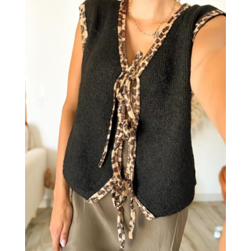 Women Leopard Knitted Tie Front Vest Cheetah Print Open Front Cardigan Fall Sleeveless Contrast Sweater Tank Tops