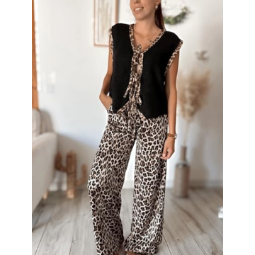 Women Leopard Knitted Tie Front Vest Cheetah Print Open Front Cardigan Fall Sleeveless Contrast Sweater Tank Tops