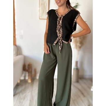 Women Leopard Knitted Tie Front Vest Cheetah Print Open Front Cardigan Fall Sleeveless Contrast Sweater Tank Tops