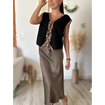 Women Leopard Knitted Tie Front Vest Cheetah Print Open Front Cardigan Fall Sleeveless Contrast Sweater Tank Tops