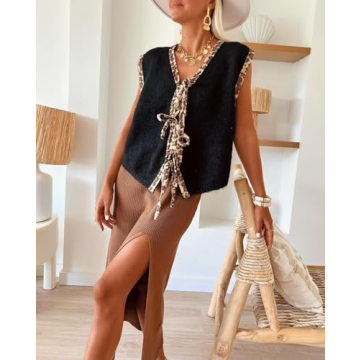 Women Leopard Knitted Tie Front Vest Cheetah Print Open Front Cardigan Fall Sleeveless Contrast Sweater Tank Tops
