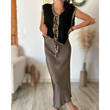 Women Leopard Knitted Tie Front Vest Cheetah Print Open Front Cardigan Fall Sleeveless Contrast Sweater Tank Tops