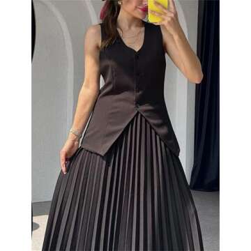 HOULENGS Women's Fall 2 Piece Outfits V Neck Button Blazer Vest and Maxi Pleated Skirt Sets Formal Matching Suits