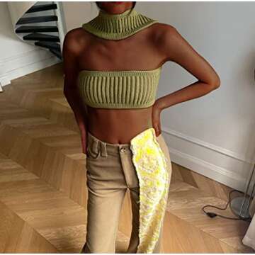 Sdencin Women Sleeveless Sexy Halter Out Knitted Tube Top Strapless Solid Slim Backless Crop Top Cami Tank Summer (S US Women, Green)