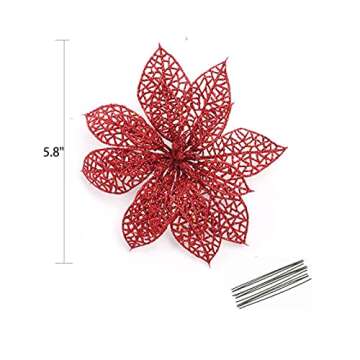 Crazy Night 10Pcs Red Glitter Poinsettia Artificial Flowers,Christmas Tree Decorations,Wedding Xmas New Year Wreath Ornaments