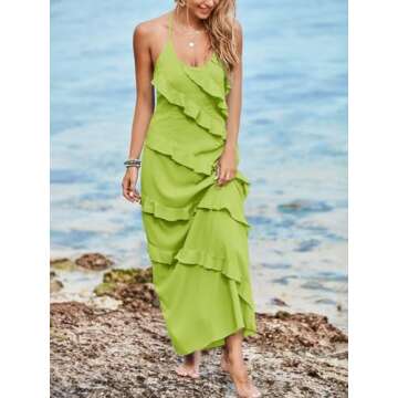 Wenrine Womens Sexy Chiffon Halter Maxi Dress Sleeveless Backless Ruffle Tassel Party Club Dresses O...