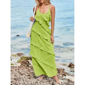 Wenrine Womens Sexy Chiffon Halter Maxi Dress Olive Green