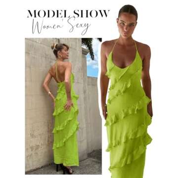Wenrine Womens Sexy Chiffon Halter Maxi Dress Olive Green
