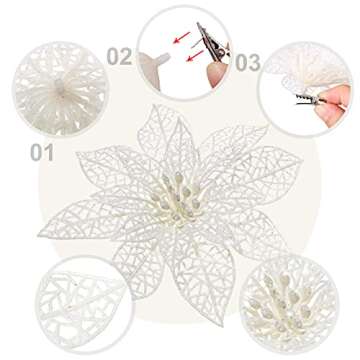 Boao 24 Pieces Christmas Poinsettia Tree Ornament Artificial Flowers Christmas Decoration Glitter Ornament, 3/4/6 Inches(White)