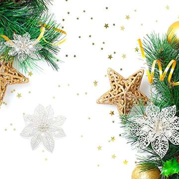 Boao 24 Pieces Christmas Poinsettia Tree Ornament Artificial Flowers Christmas Decoration Glitter Ornament, 3/4/6 Inches(White)
