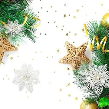 Boao 24 Pieces Christmas Poinsettia Tree Ornament Artificial Flowers Christmas Decoration Glitter Ornament, 3/4/6 Inches(White)