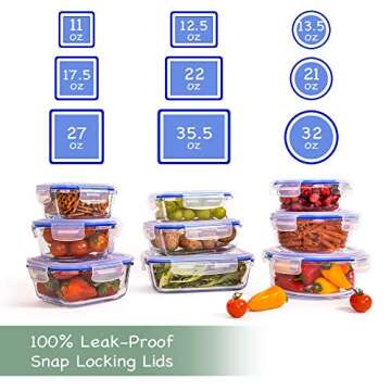24 Piece Glass Food Storage Containers with Lids + Microwave Covers, BPA-Free, 100% Leak-proof and Airtight, Meal Prep, Oven/Dishwasher/Microwave/Freezer Safe