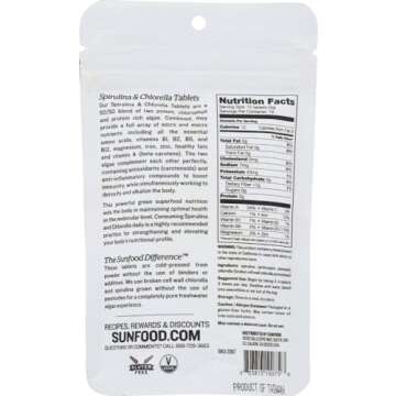 Sunfood Raw Spirulina Chlorella Tablets | 50/50 Blend | Chlorophyll Rich | Broken Cell Wall | Blue Green Algae Superfood | Organic & Non GMO | Natural Vegan Protein | 100% Pure | 2 oz Bag| 228 Tablets