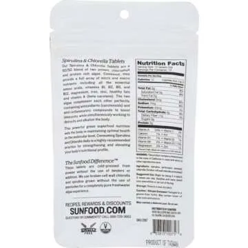 Sunfood Raw Spirulina Chlorella Tablets | 50/50 Blend | Chlorophyll Rich | Broken Cell Wall | Blue Green Algae Superfood | Organic & Non GMO | Natural Vegan Protein | 100% Pure | 2 oz Bag| 228 Tablets