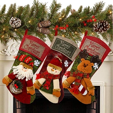 Sunnyglade 3PCS 18" Christmas Stocking Set - Santa, Snowman & Reindeer Designs