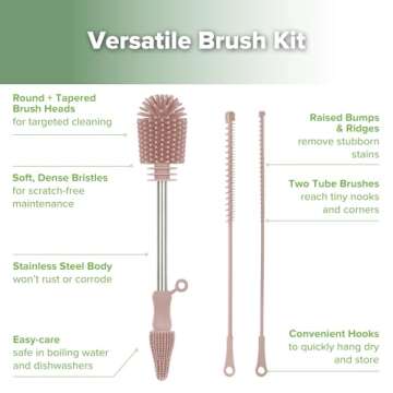 Haakaa Silicone Cleaning Brush Kit - Baby Bottle Brush Cleaner for Breast Pump,Nipple,Breast Milk Storage Bag,Reusable Straw,Sippy Cup - Food Grade Silicone Bristles, Portable - 3 Pcs - Pink