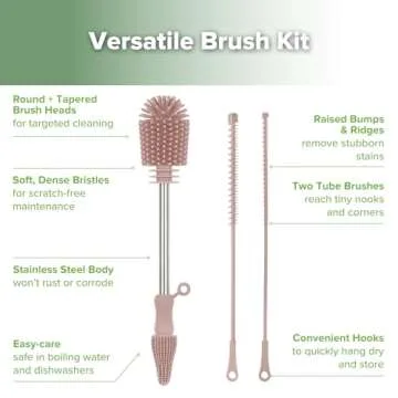 Haakaa Silicone Cleaning Brush Kit - Baby Bottle Brush Cleaner for Breast Pump,Nipple,Breast Milk Storage Bag,Reusable Straw,Sippy Cup - Food Grade Silicone Bristles, Portable - 3 Pcs - Pink