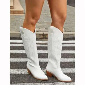 Erocalli White Cowgirl Boot Cowboy Boots for Women Embroidered Pull-On Chunky Stacked Heel Knee High Western Boots